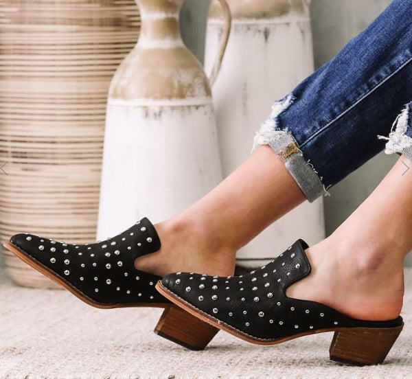 Black Studded Block Heel Mule