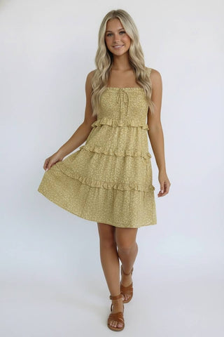 pale mustard yellow tiered midi strap dress