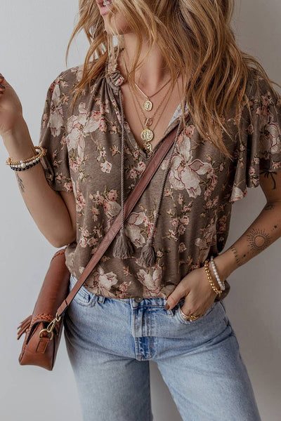 Boho Split Neck Short Slv Top