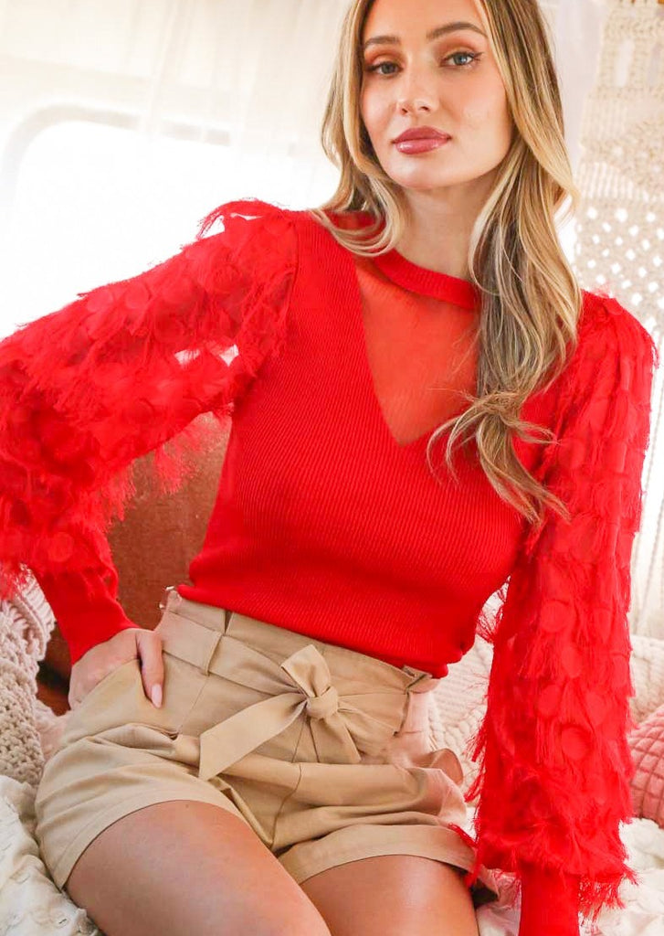 Lace Contrast Red Sweater