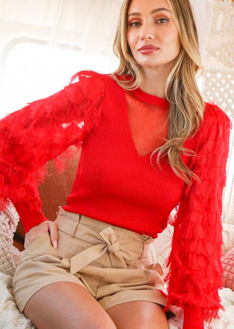 Lace Contrast Red Sweater
