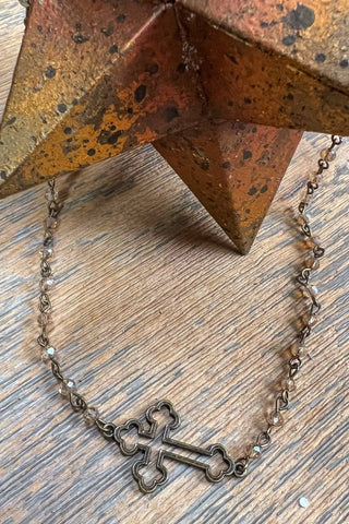 bronze infinity style chain and bead side cross pendant necklace