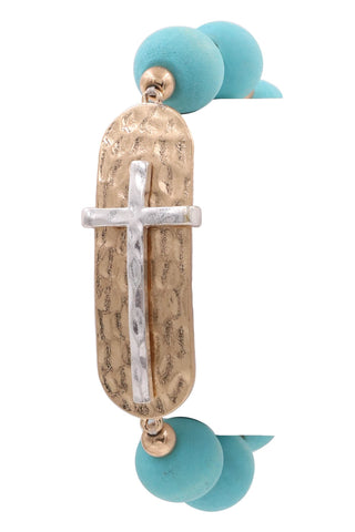 Wood Bead Metal Cross Stretch Bracelet
