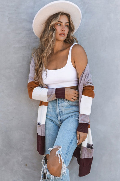 Striped Colorblock Cardigan with Pockets