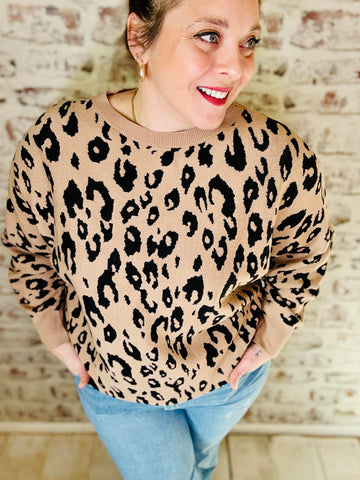 brown with black leopard print long sleeve sweater