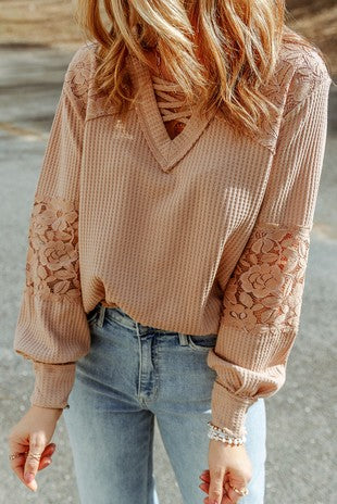 Lace Waffle Patchwork Strappy Top