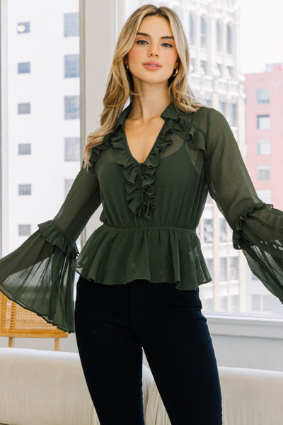 Sheer Olive Peplum Blouse