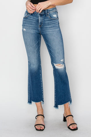 Risen: Mid Rise Frayed Straight Jeans