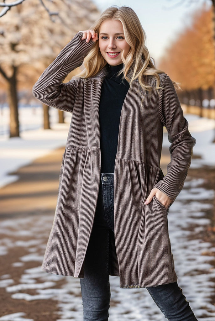 Brown "Urban" ribbed open cardigan with a slightly sinched/pleated waist and hand pockets