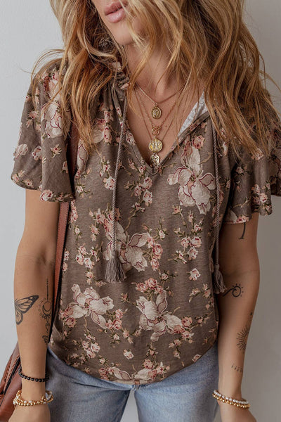 Boho Split Neck Short Slv Top