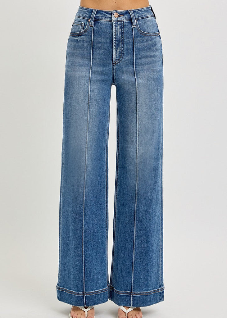 pintuck high rise denim blue jeans.  