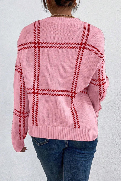 PINK Plaid Drop Shoulder Sweater