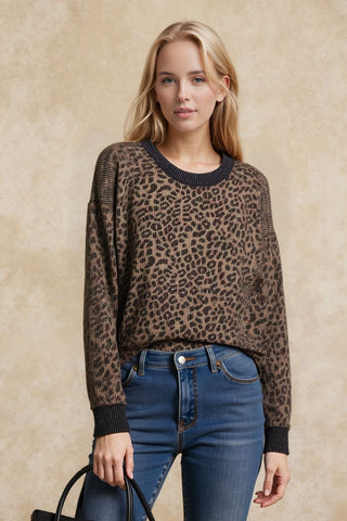 crew neck ribbed leopard print top