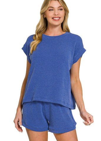 blue shorts and T-shirt set in ribbed fabric.  