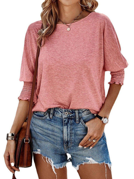 Pink smock sleeved T- shirt roughly half to 3/4-sleeves