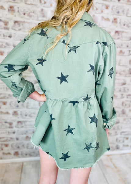 Star Print Olive Peplum Jacket