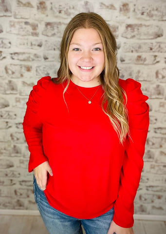Red Round Neck Puff Sleeve Blouse