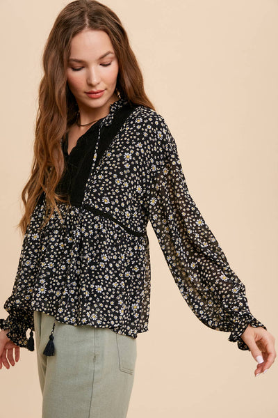 FLORAL TIE NECK BLOUSE