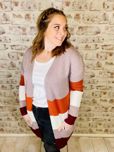 Striped Colorblock Cardigan with Pockets