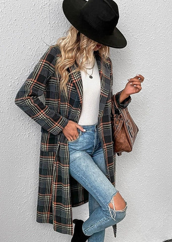 Long Plaid Button Pocket Coat