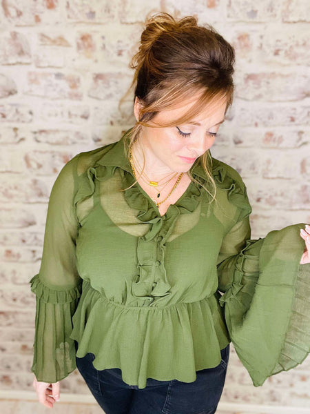 Sheer Olive Peplum Blouse