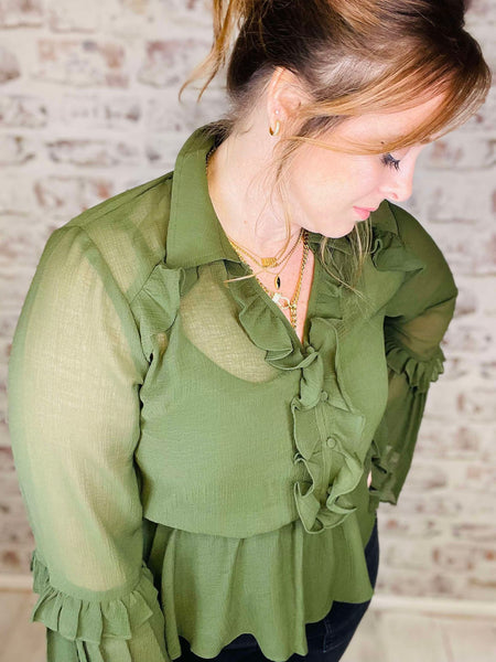 Sheer Olive Peplum Blouse