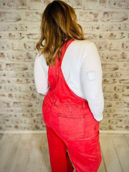 Red Crop Wide Leg Overalls