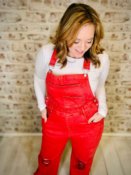 Red Crop Wide Leg Overalls