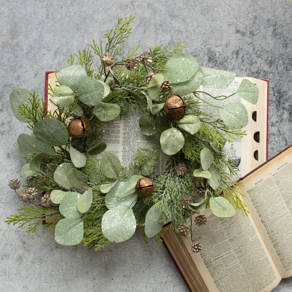 14" CEDAR, CONES, EUCALYPTUS & JINGLE BELL CANDLE RING