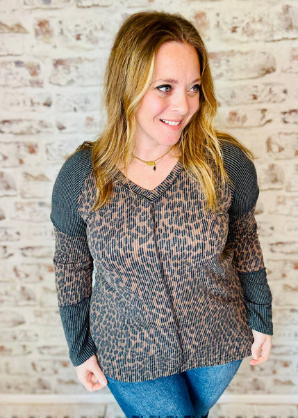 block ribbed animal print long sleeve top in colors of dark gray and brown