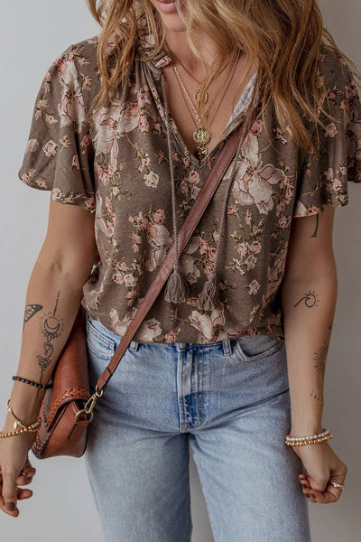Boho Split Neck Short Slv Top