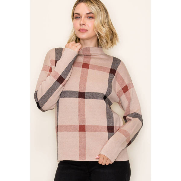 CHECKER MOCK NECK SWEATER