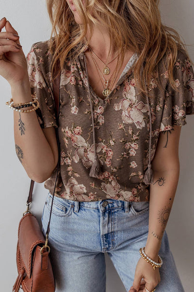 Boho Split Neck Short Slv Top