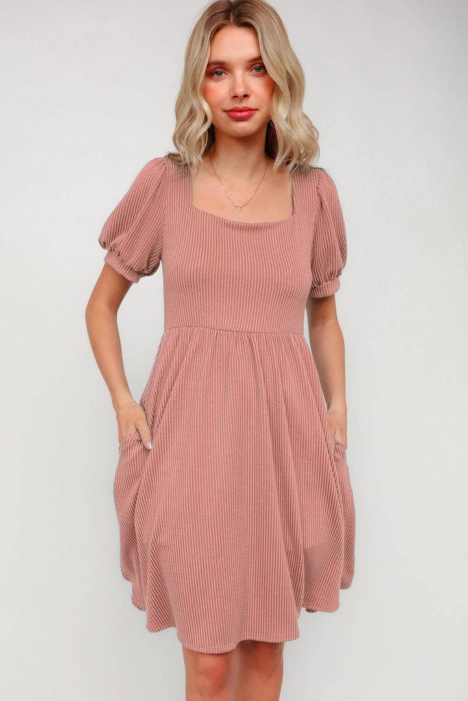 square neck ribbed soft salmon pink dress, short sleeved with pockets