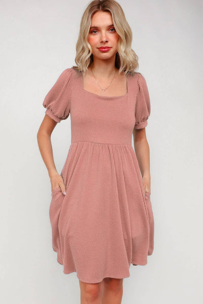 square neck ribbed soft salmon pink dress, short sleeved with pockets