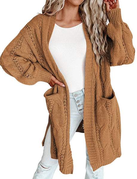 Open Front Pocketed Cable Cardigan