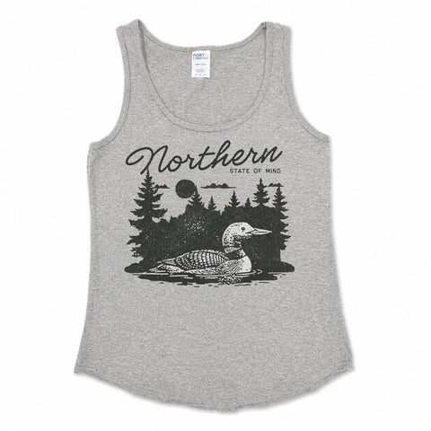 gray tank top with screen printing of a loon on the north shore "northern state of mind" in black