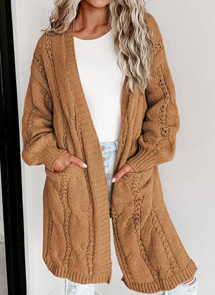 Open Front Pocketed Cable Cardigan