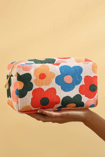 Flower Print Zipper Corduroy Bag