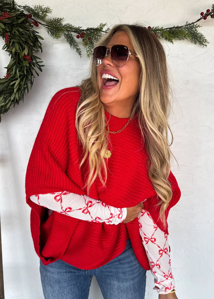 Meg style red pullover knit poncho