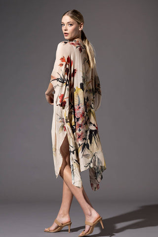 off white base color with magnificent florals throughout.  Light weight and flowy kimono