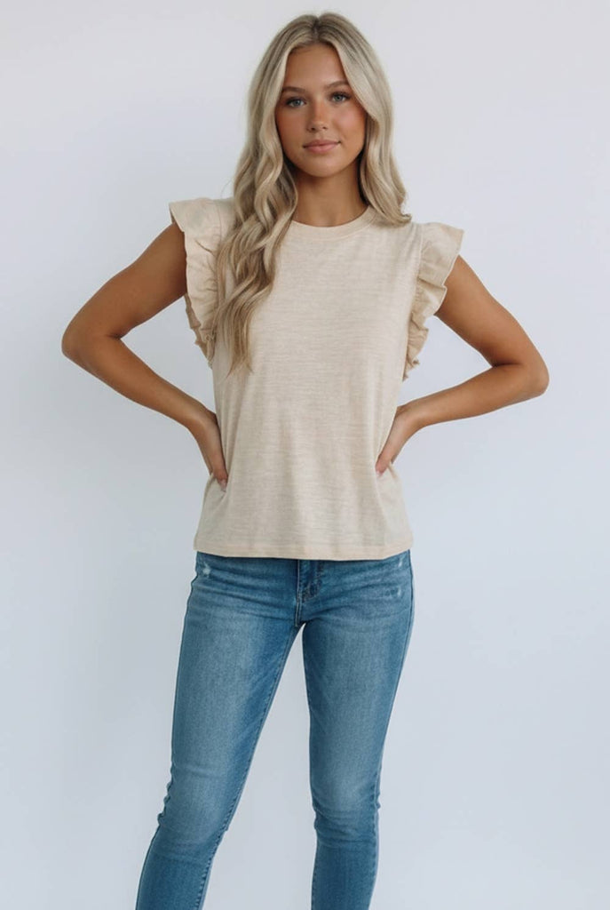 PLUS SIZE COTTON SLUB KNIT SHORT RUFFLE FLUTTER SLEEVE RIBBED ROUND NECK TOP