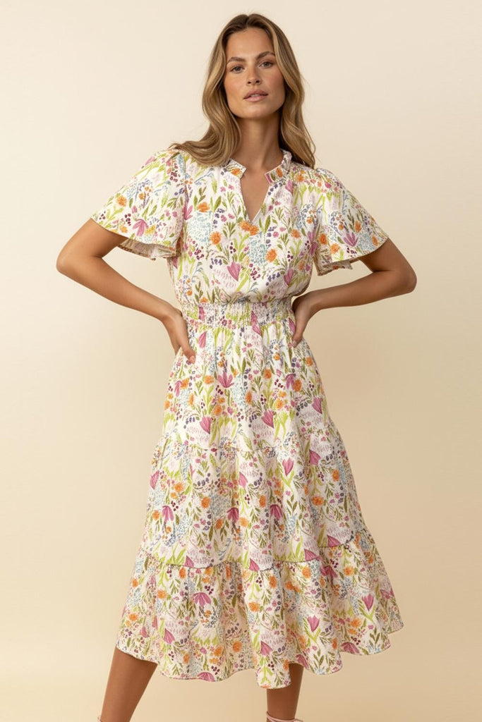 floral tiered dress with short sleeves and v neck