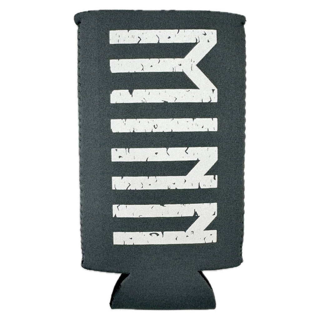 dark gray almost black can cozie cooler with "MINN" graphic print