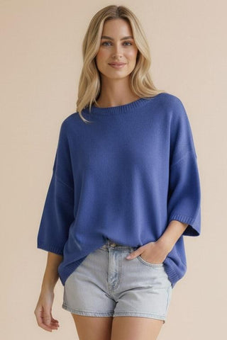 oversized elbow sleeve sweater in blue.