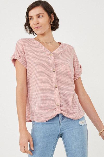 Textured Button Twist Front Top