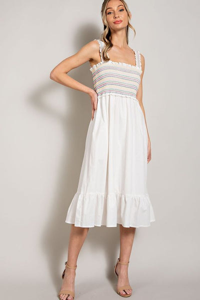 White Smocked Midi Dress