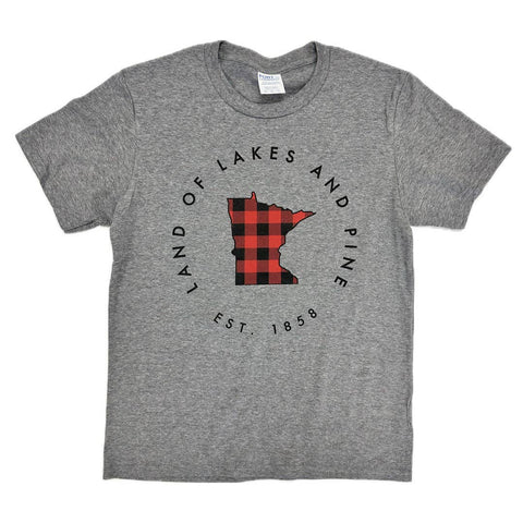 gray T with land of Lakes and PIne est. 1858 with MN state outline in buffalo plaid