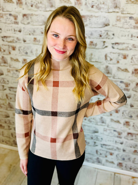 CHECKER MOCK NECK SWEATER