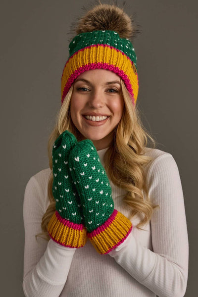 Green, White & Mustard Heart Mittens